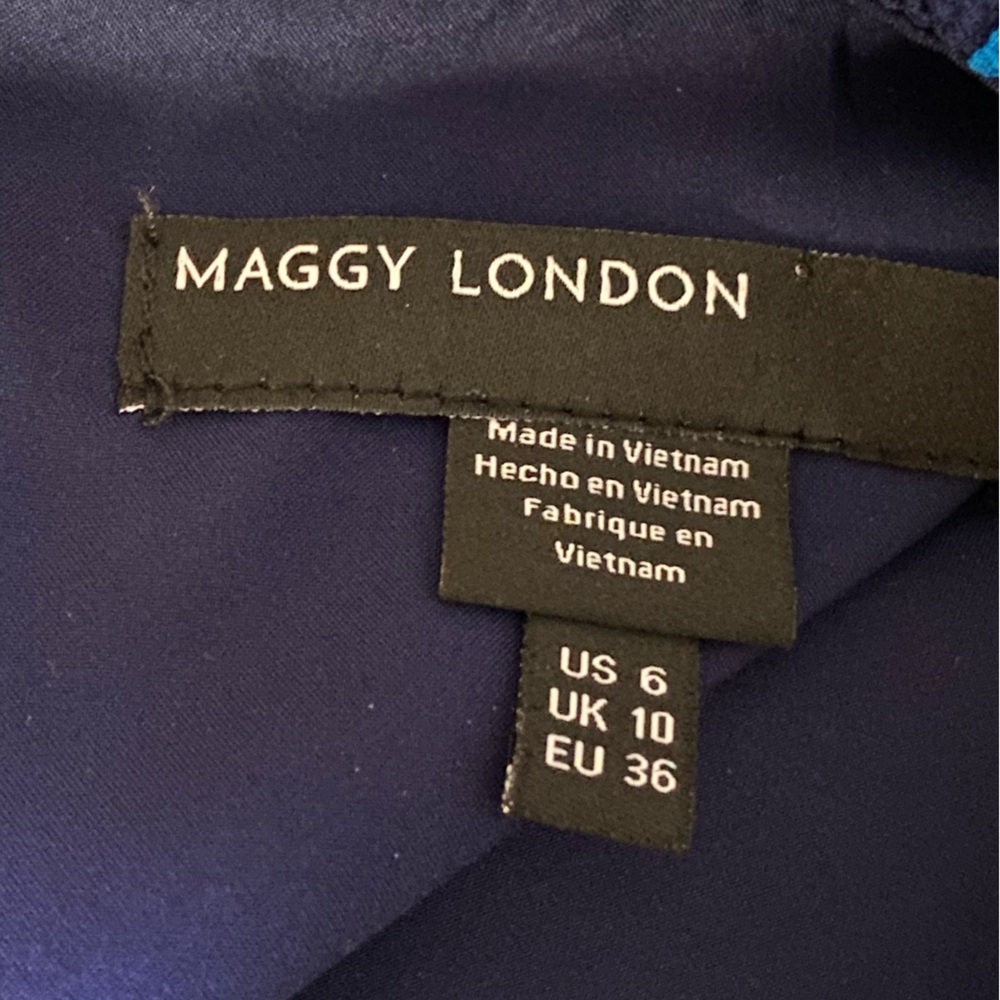 Maggy London Colorful Print Midi Dress 6 Ruched Ruffle V Neck Artsy Cocktail - Picture 14 of 15